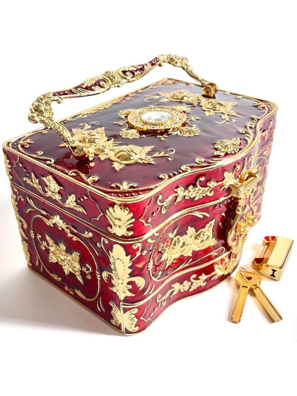 Vintage Jewelry Chest - Rose Metal Box, Gem Storage Organizer, Pastoral Design
